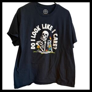 DOM XL Skeleton Bird Flowers Graphic T Shirt Black Cotton Casual Mens Womens